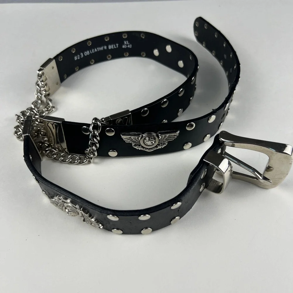 Harley-Davidson Belt Mens XL 40 Black Studded Chain Winged Skull Biker Moto USA